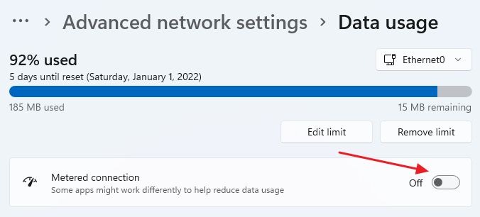 windows 11 used data limit