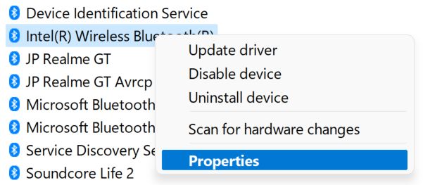 windows device manager bluetooth receiver properties
