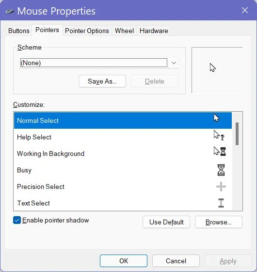 proprietà del vecchio mouse di windows