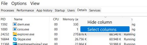 task manager select columns