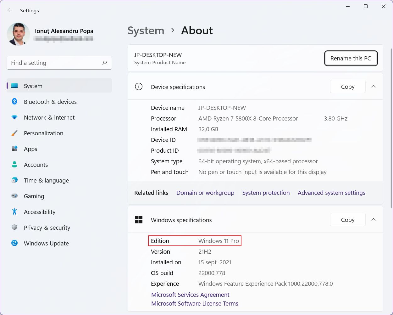 about your pc settings screen