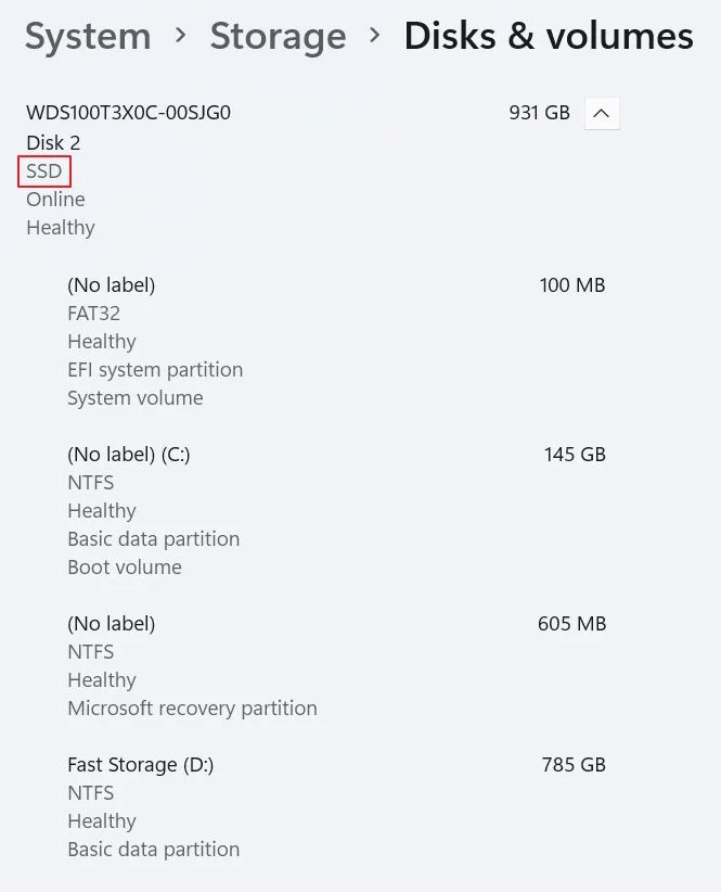 verifica os requisitos do ssd do wsa informações do disco