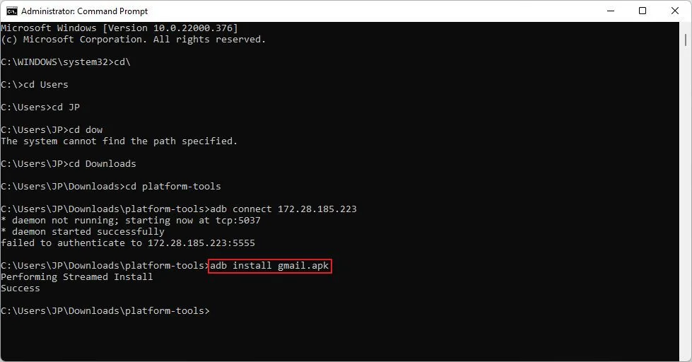 command prompt adb command install apk