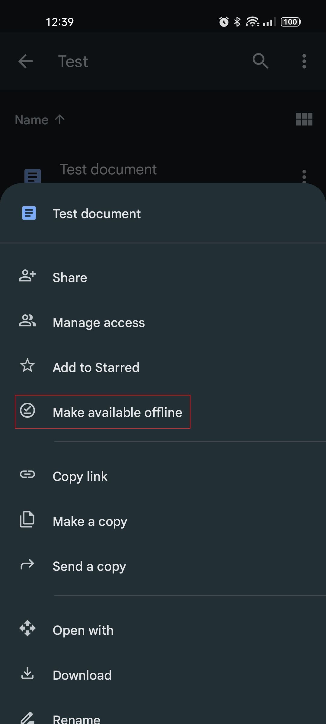 google drive app make single document available offline