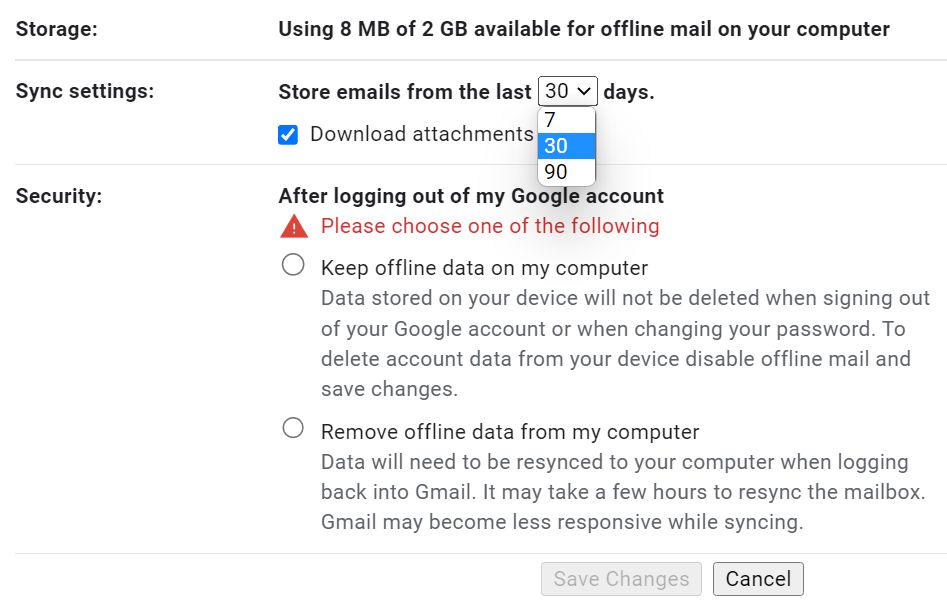offline gmail settings
