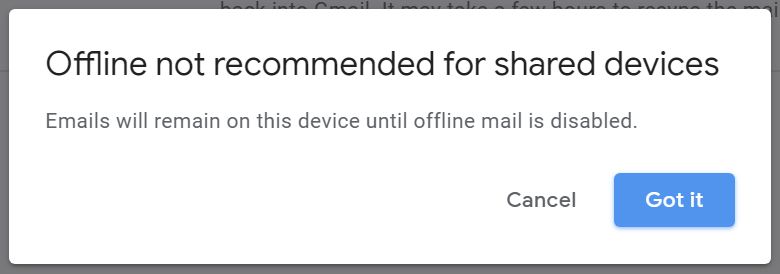 offline gmail shared devices warning