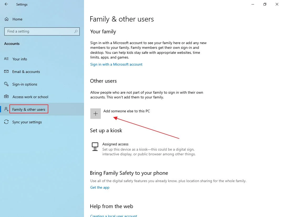 windows 10 family and other users add someone else to this pc
