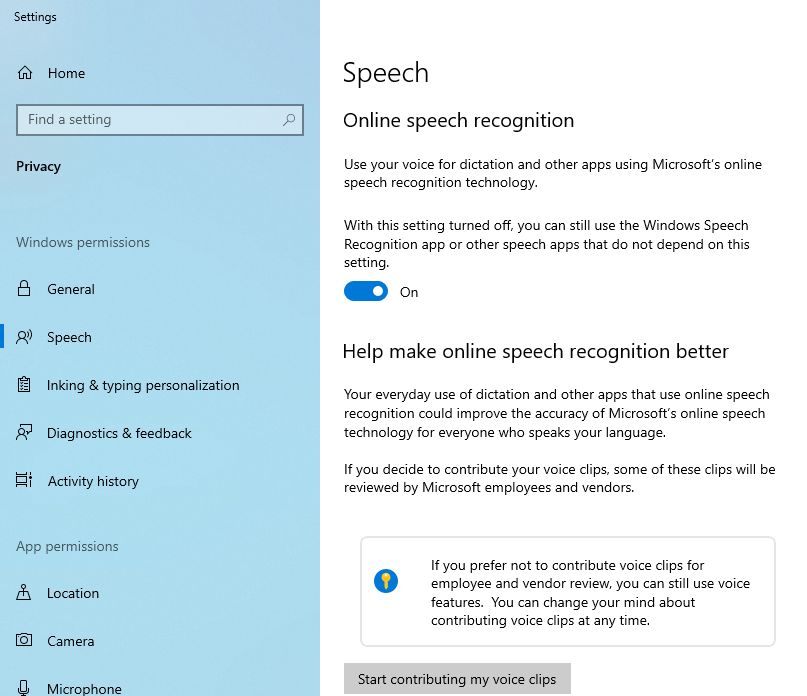 windows 10 online speech recognition setting menu
