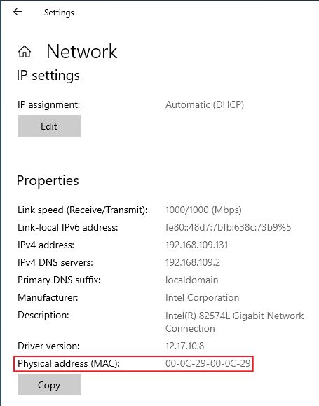 windows 10 settings app active network connection mac address