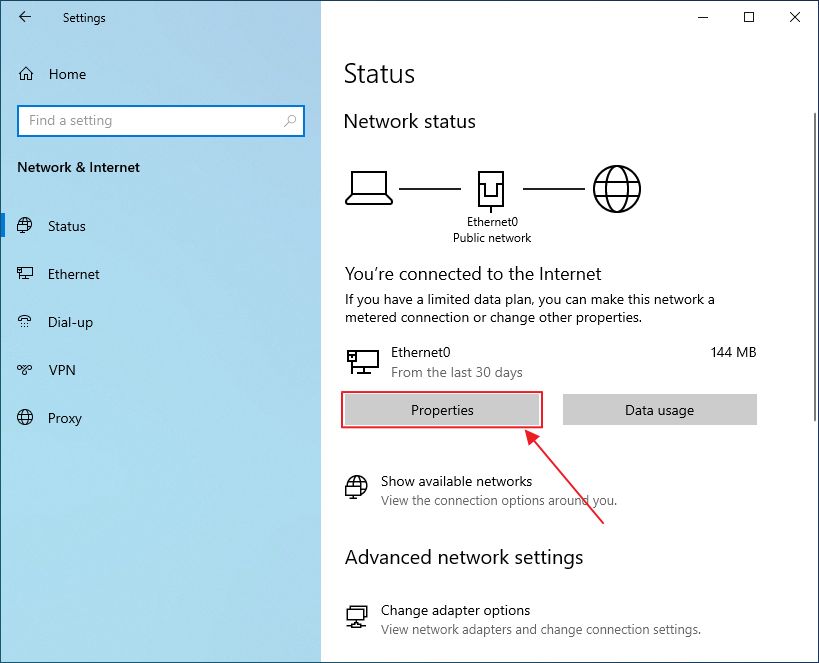 windows 10 設定アプリ アクティブネットワーク接続のプロパティ