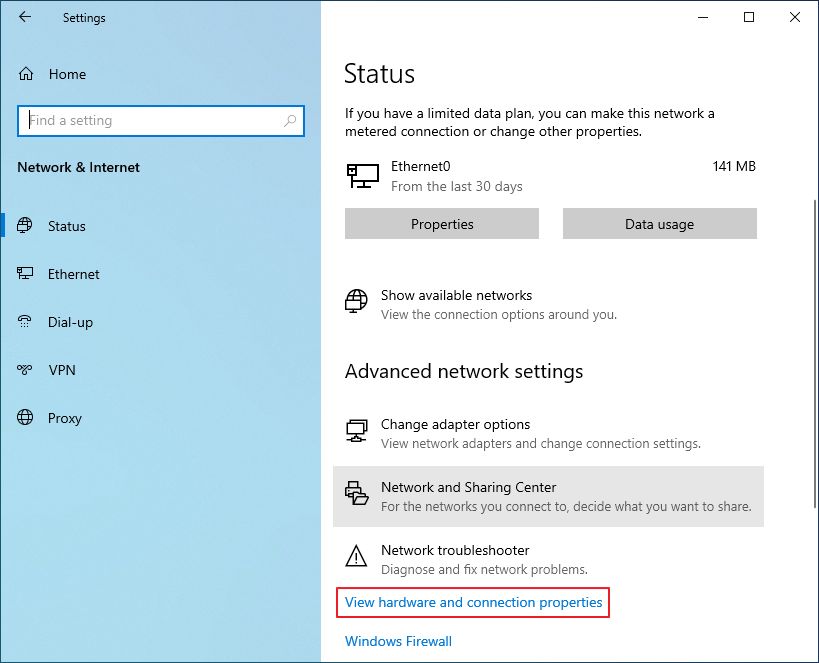 windows 10 settings app view hardware and connection properties