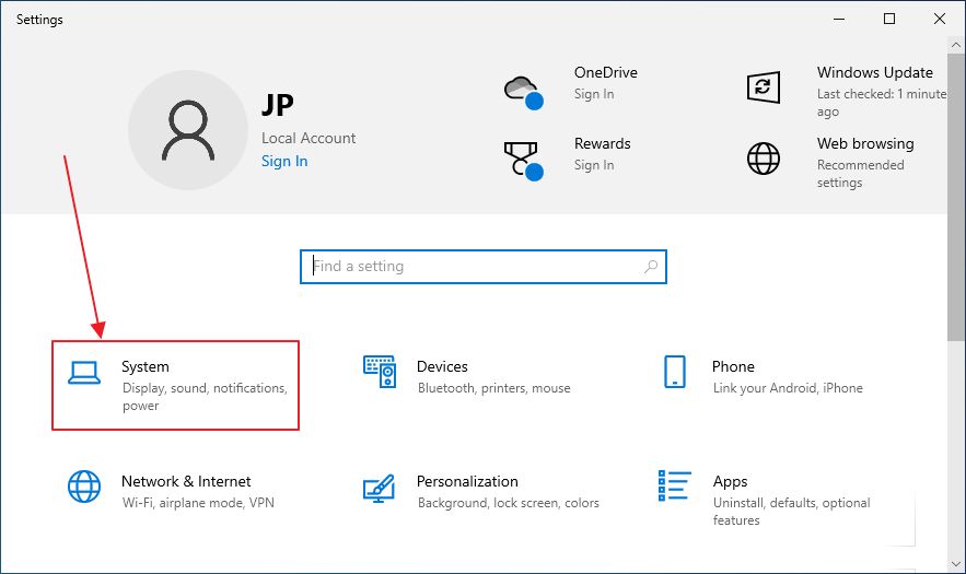 windows 10 settings system