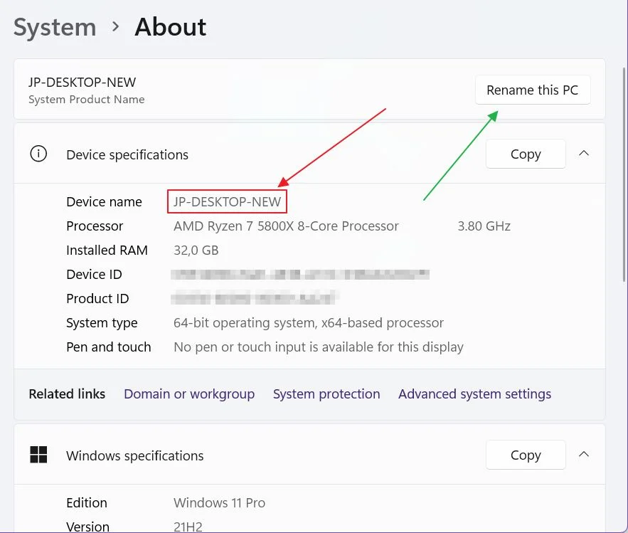 Windows 11 关于设备名称的设置