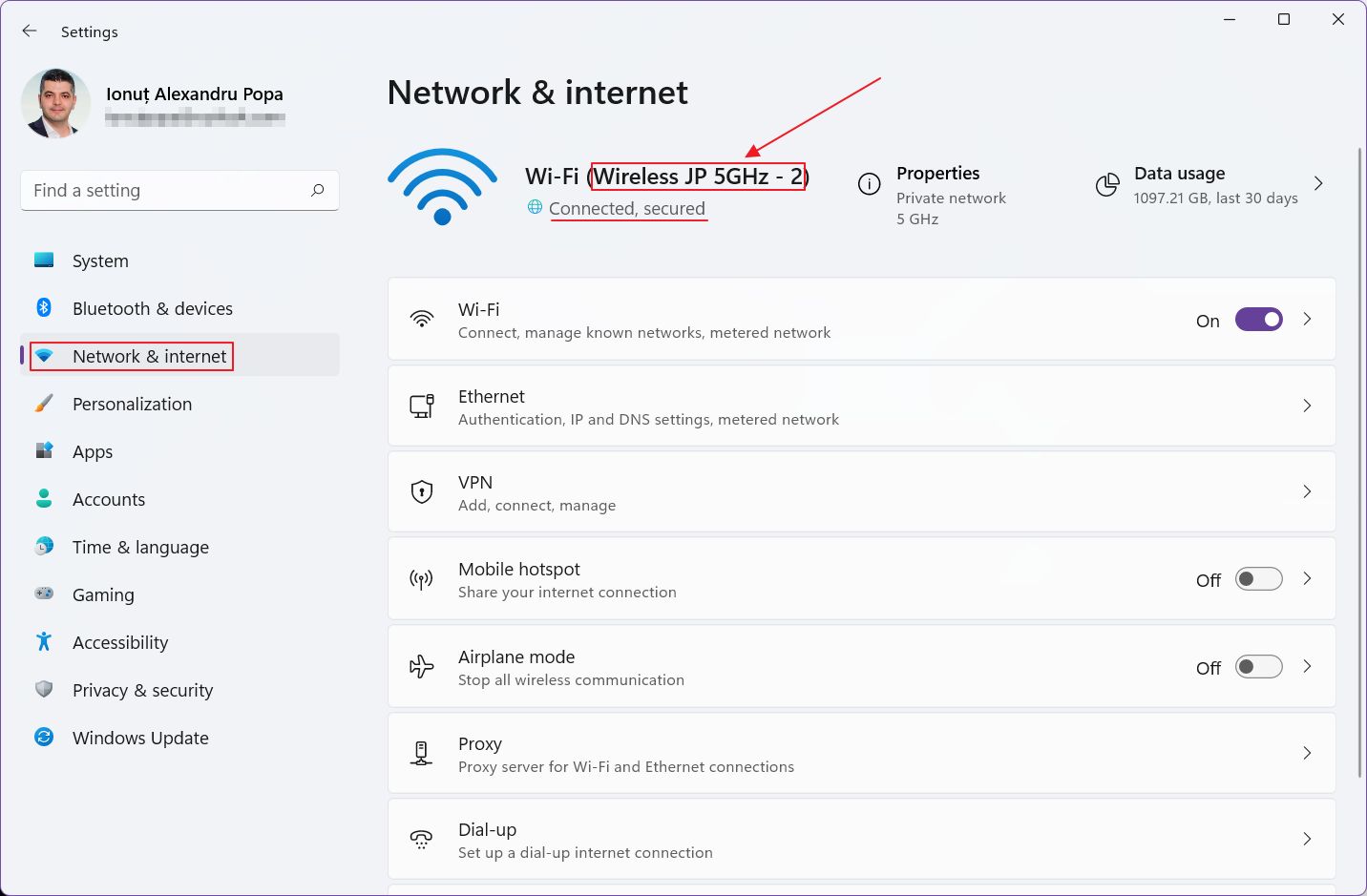 windows 11 settings app current network connection name