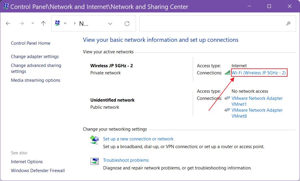 windows control panel active network connection
