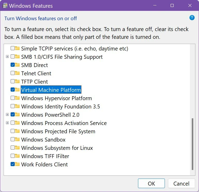 windows features virtual machine platform