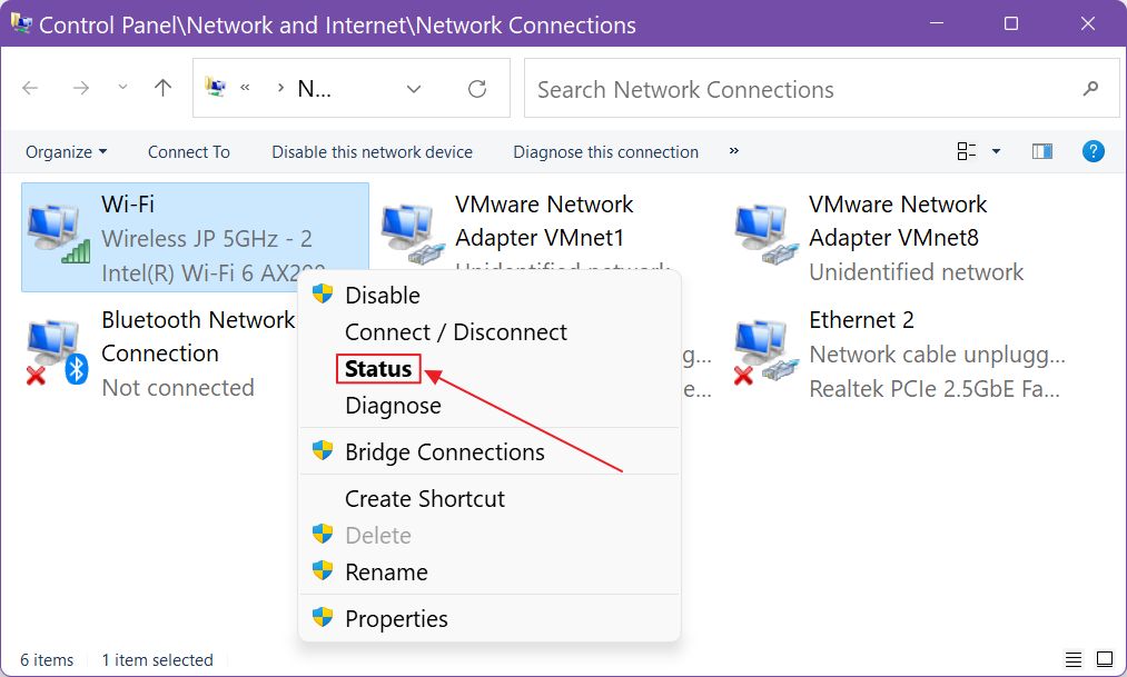 windows network connection check status
