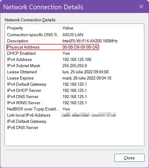 detalhes da ligação de rede do windows endereço mac