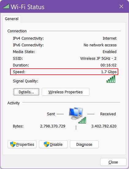 windows network connection status summary