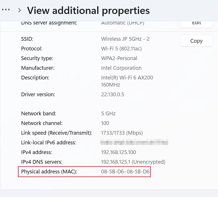windows settings app network adapter physical address mac