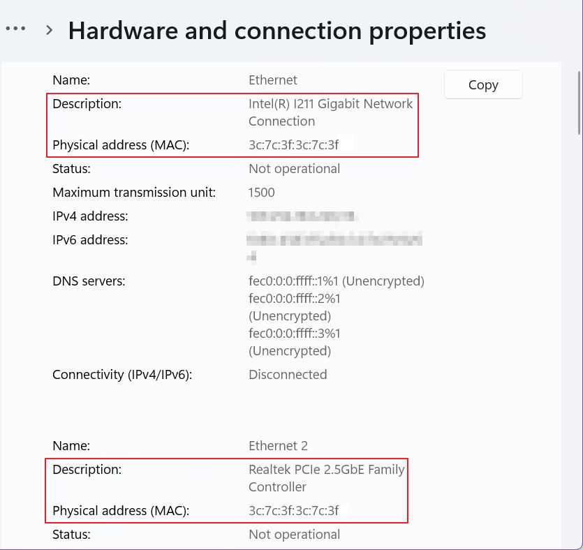 paramètres windows app propriétés du matériel et de la connexion réseau