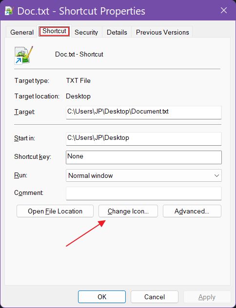 windows shortcut properties change icon