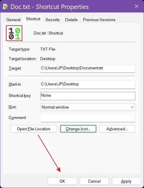 windows shortcut properties new icon