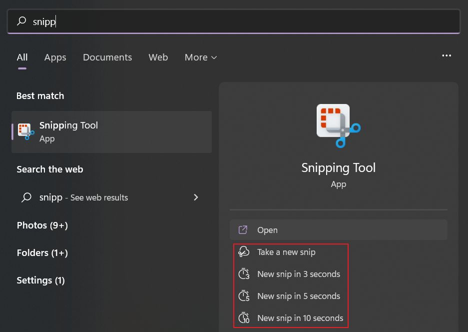 windows snipping tool action from start menu