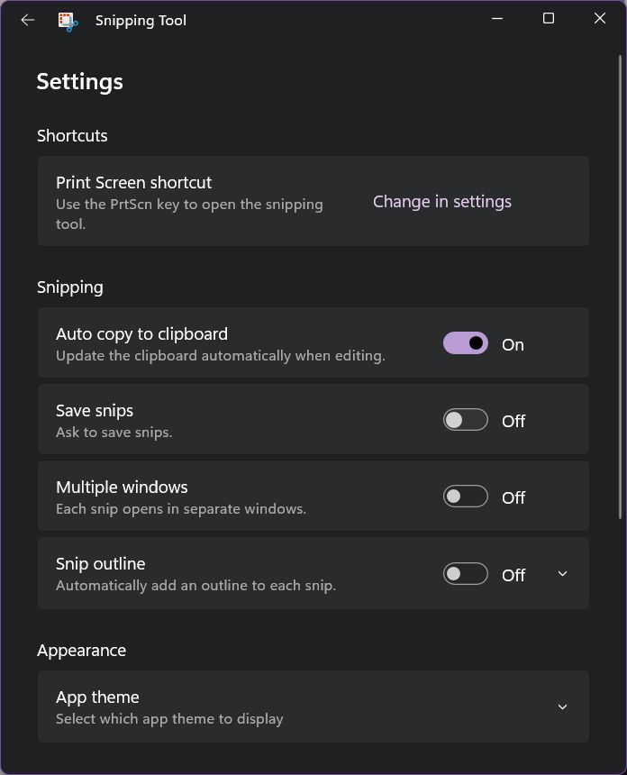 windows snipping tool settings