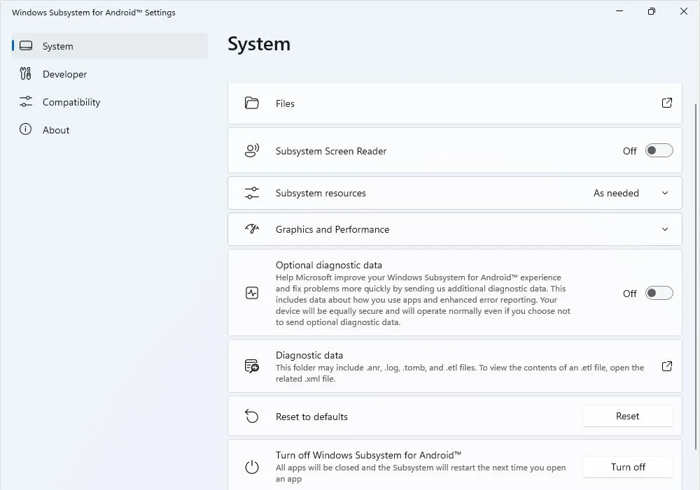 definições do subsistema android do windows