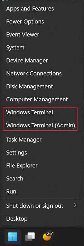 winx menüsünden windows terminali açma
