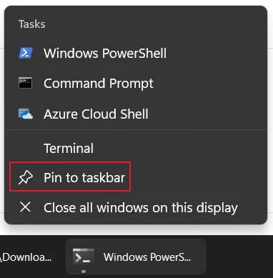 görev çubuğuna windows terminal iğnesi