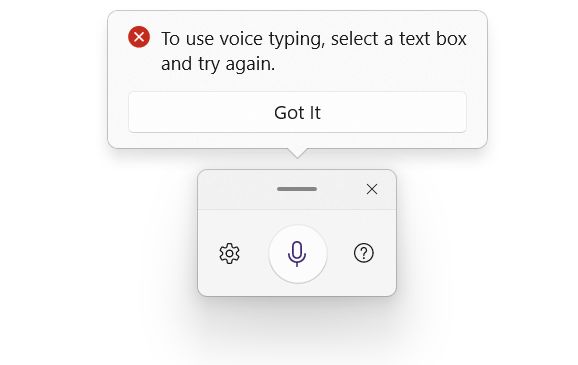windows voice typing warning select a box