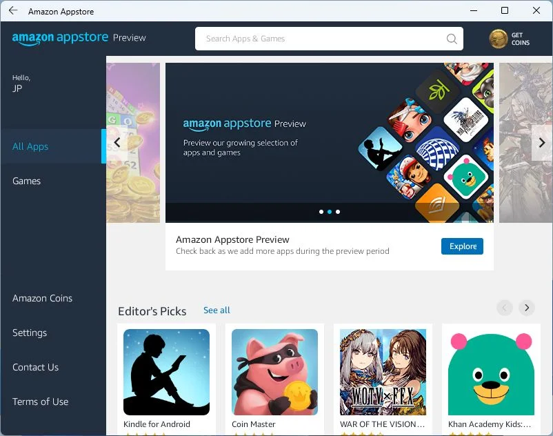 wsa amazon appstore home