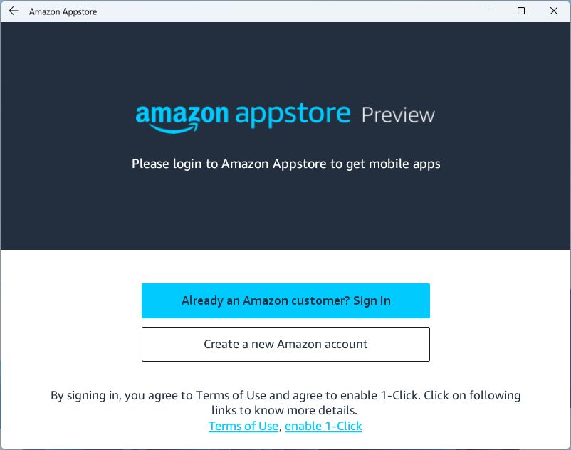 wsa amazon appstore sign in screen