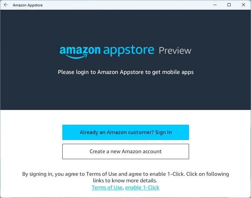 ecrã de início de sessão da wsa amazon appstore