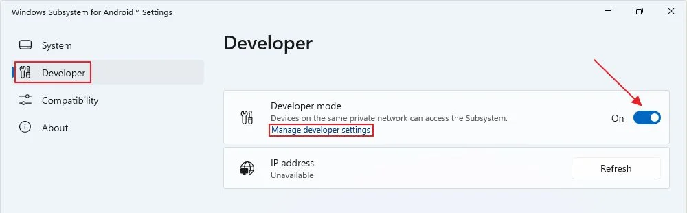 wsa turn on developer mode