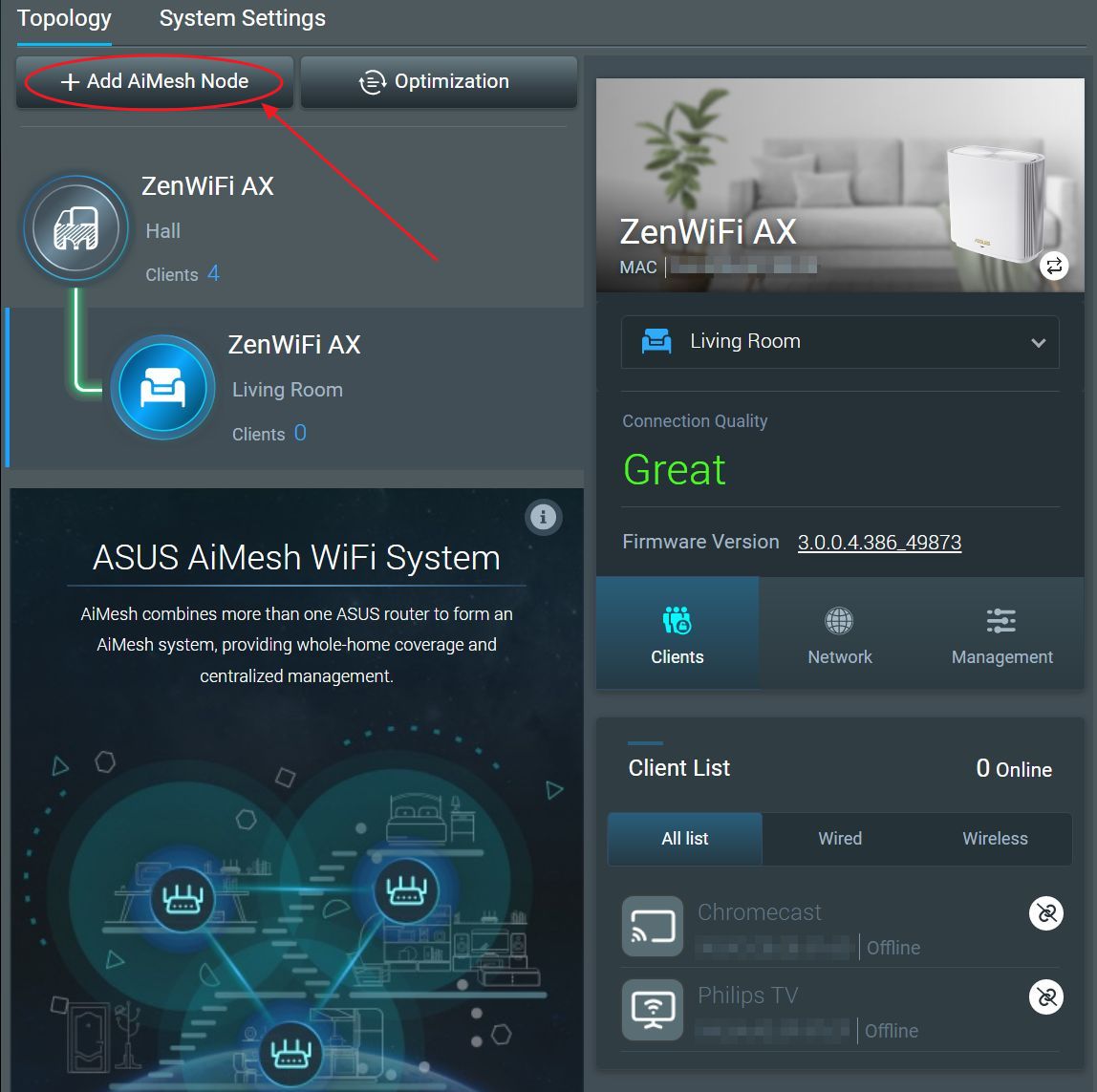 sezione di amministrazione di asus aimesh