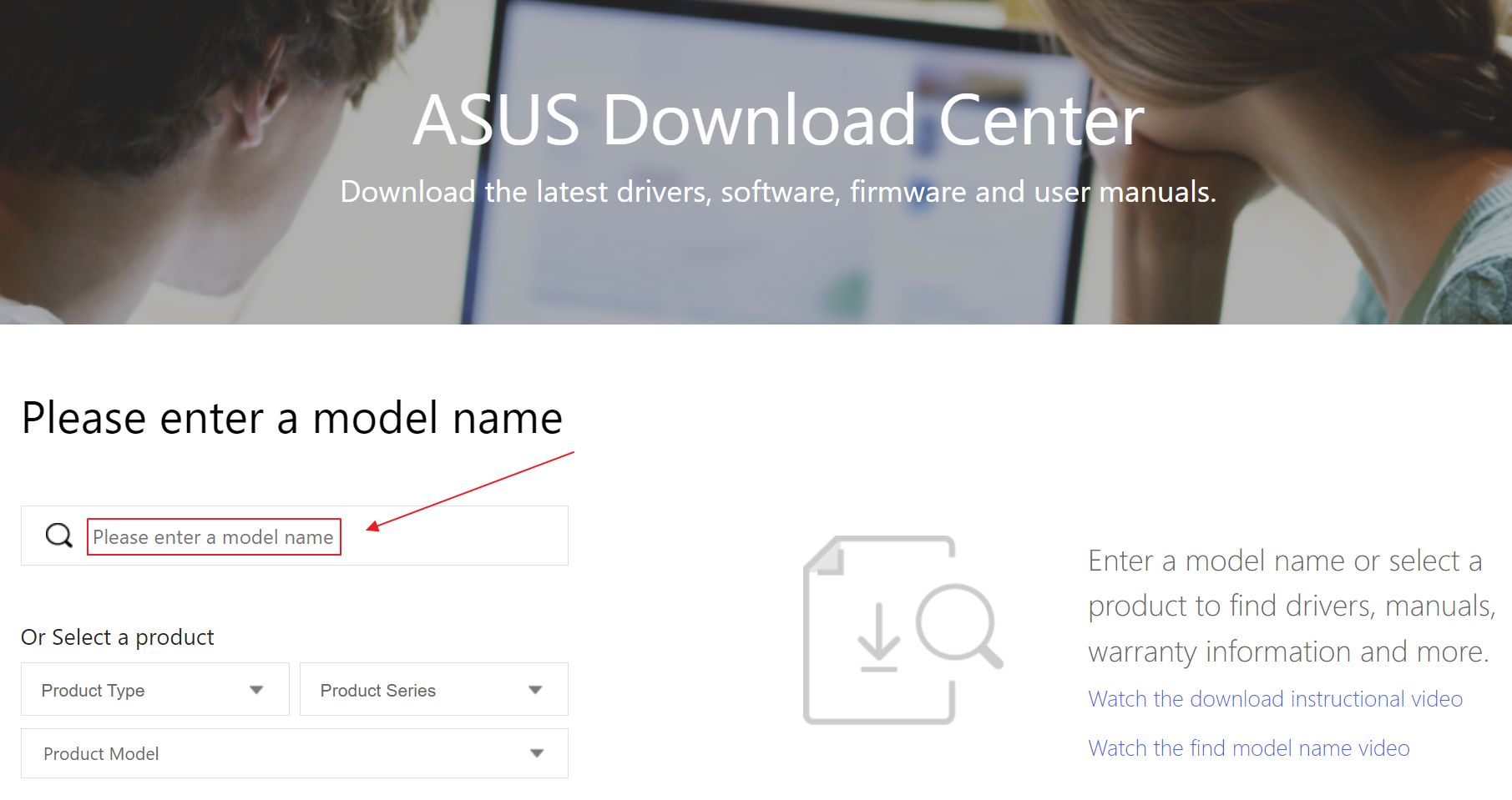 página de soporte del centro de descargas de asus