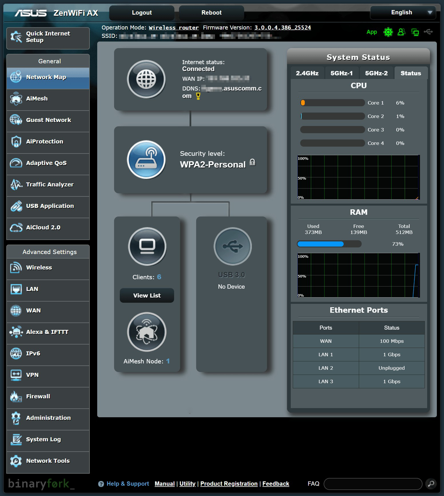 interface web de administração do router asus