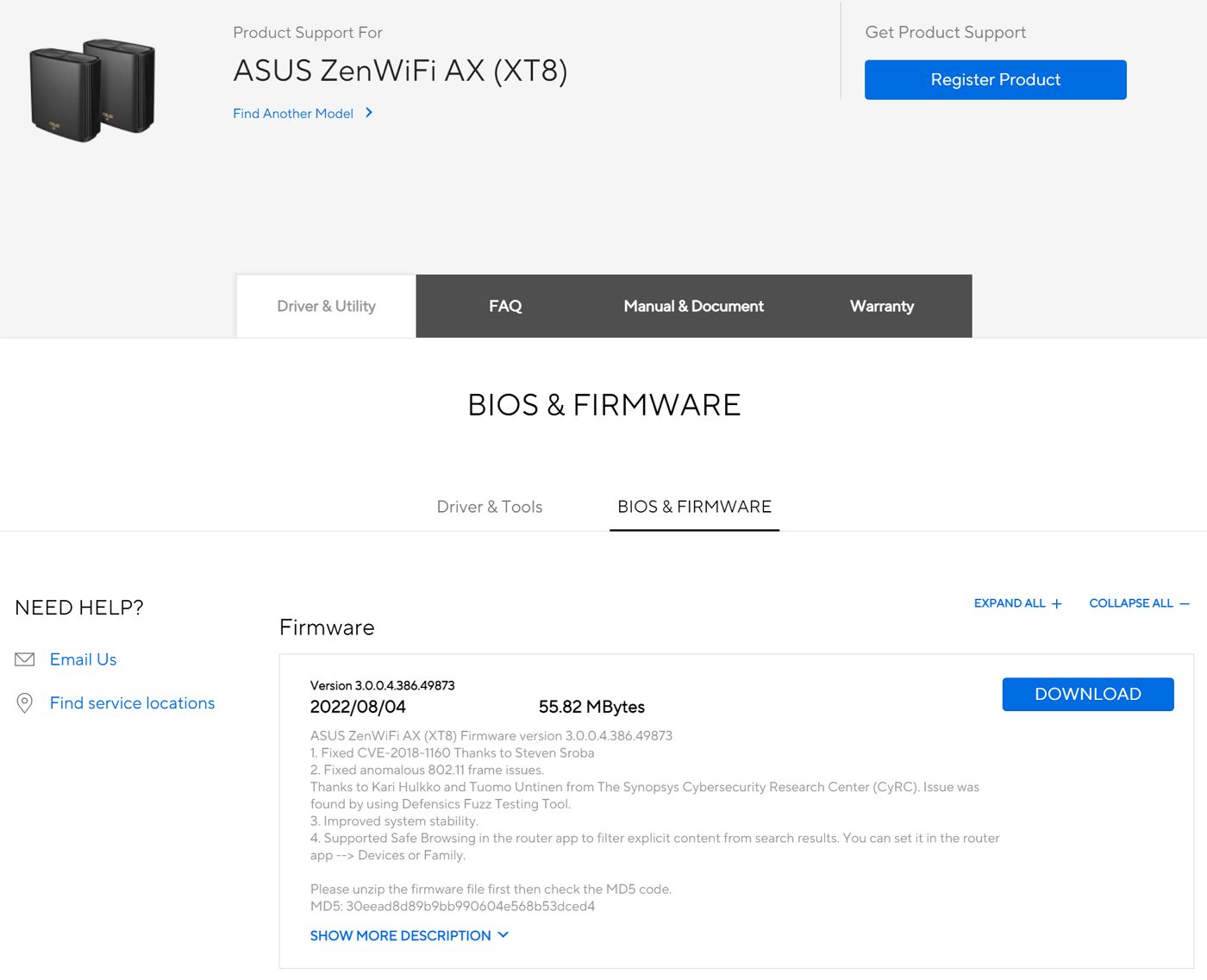 pagina di supporto per il download del firmware del router asus