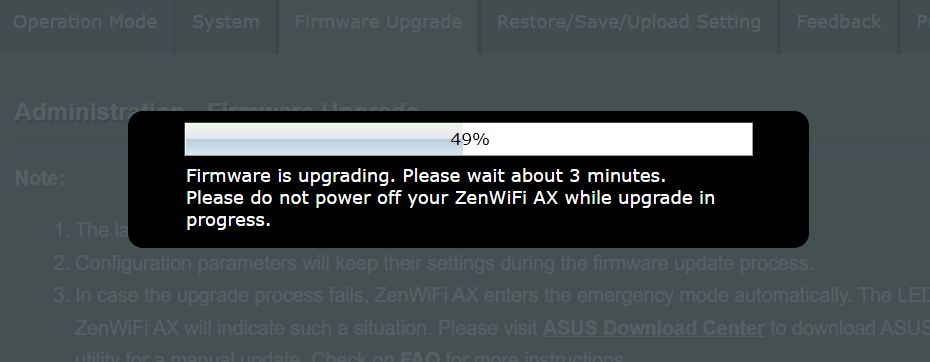 aggiornamento del firmware del router asus in corso