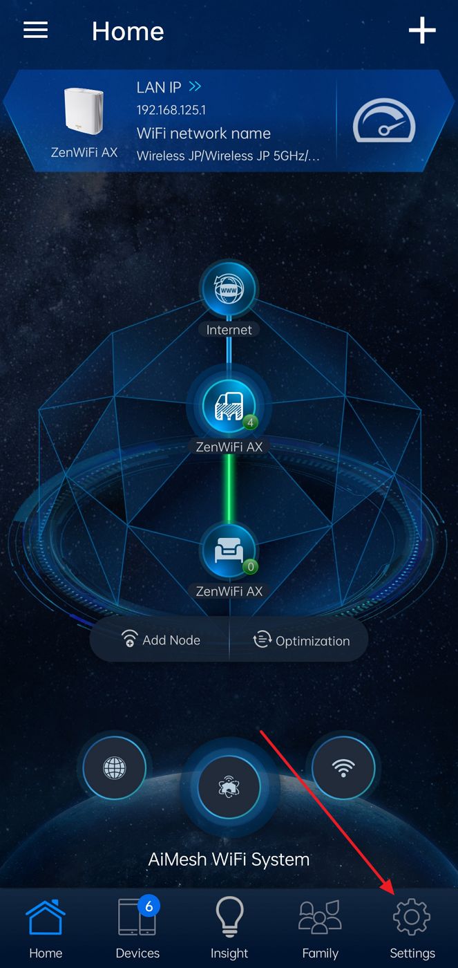 definições da aplicação móvel do router asus