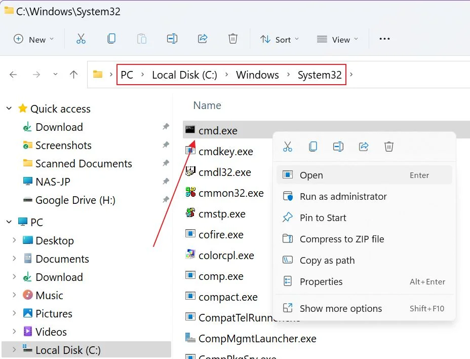 command prompt file location windows system32 folder