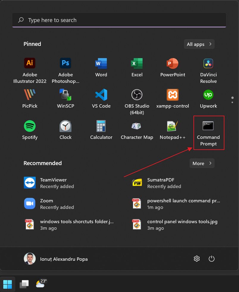 command prompt shortcut in start menu