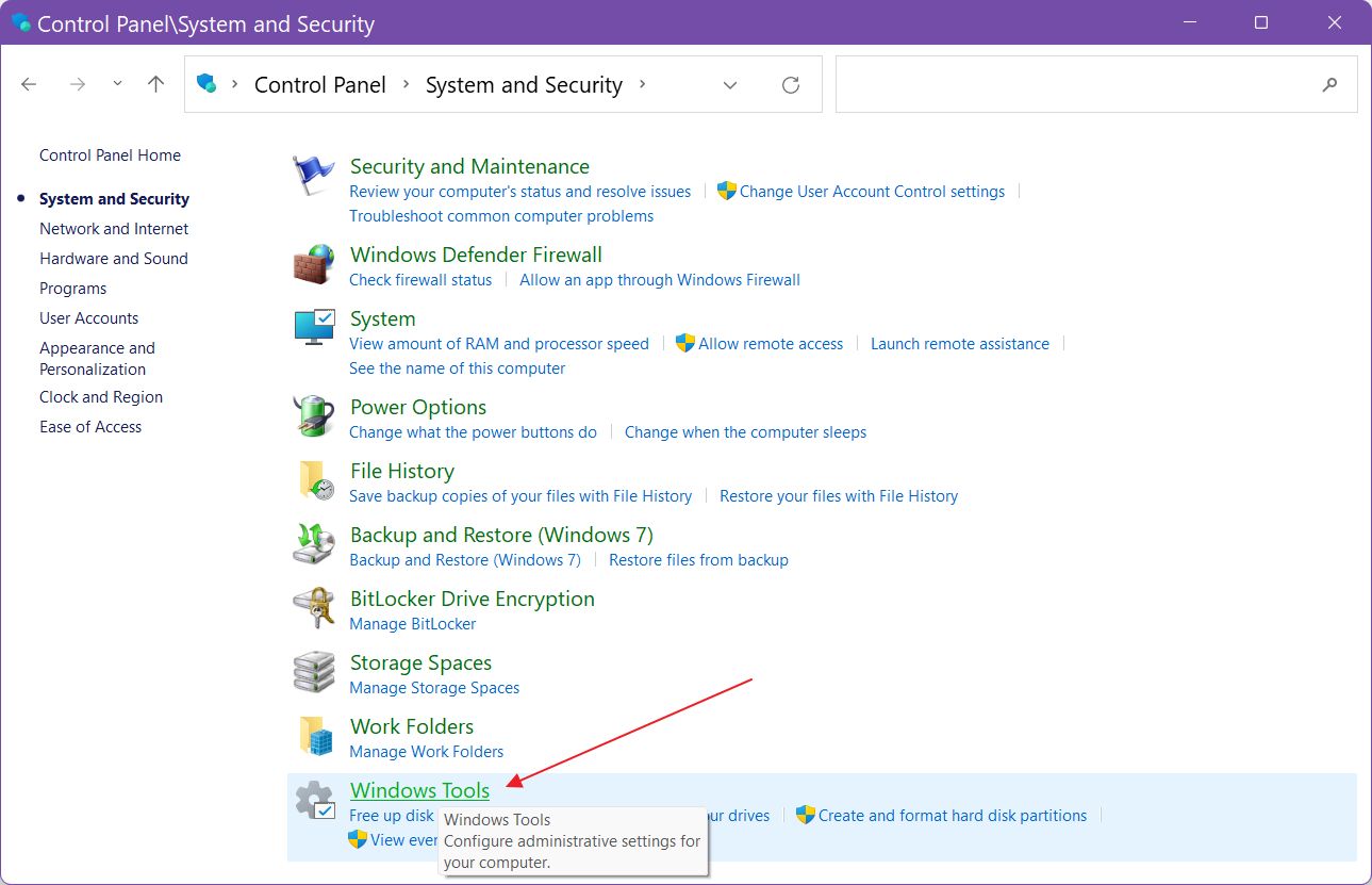 control panel windows tools