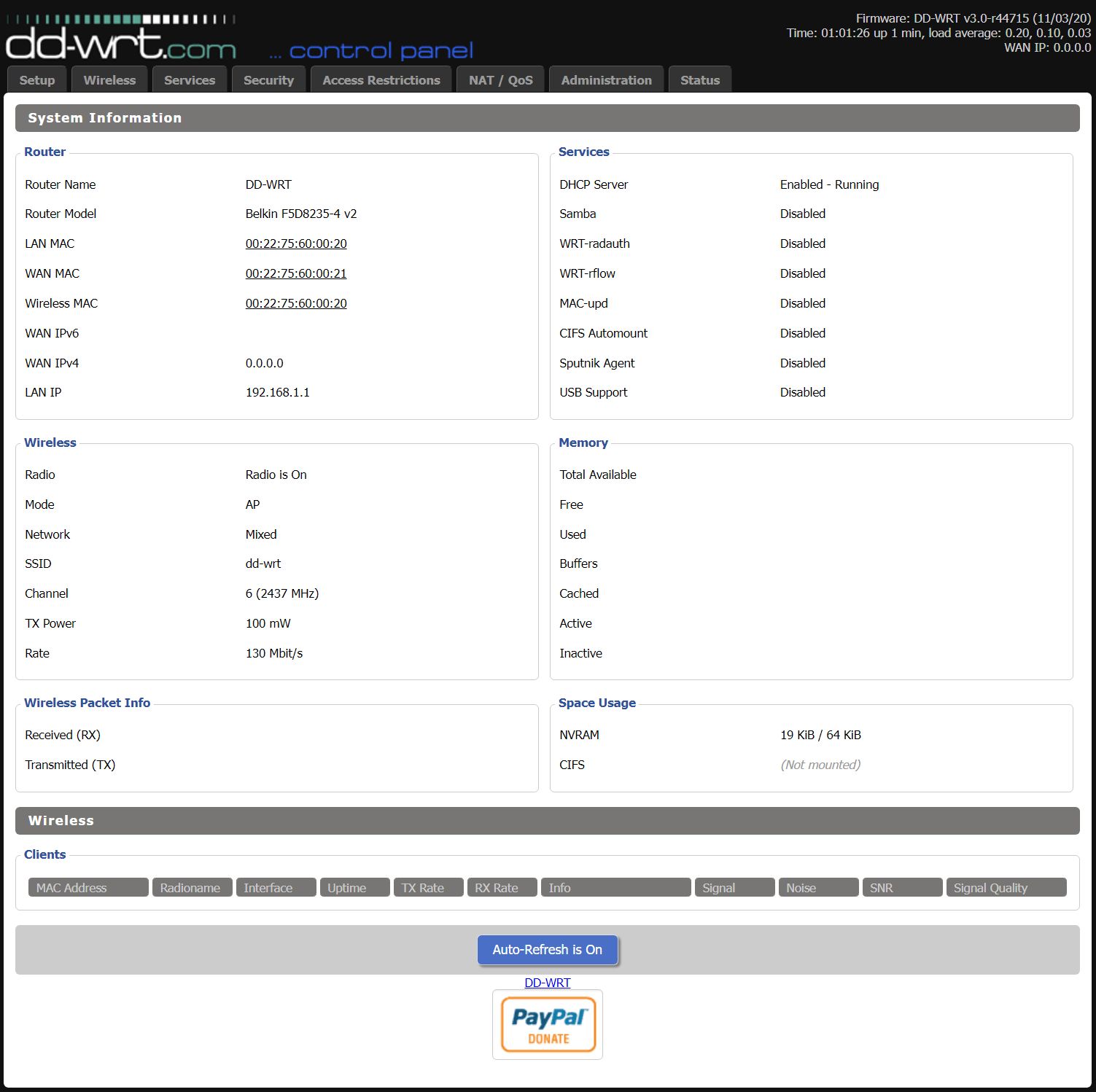 firmware dd wrt in esecuzione sul router belkin