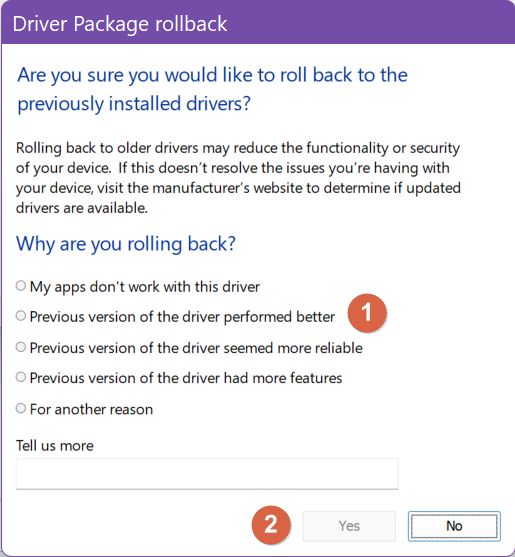 device manager driver package rollback dialog