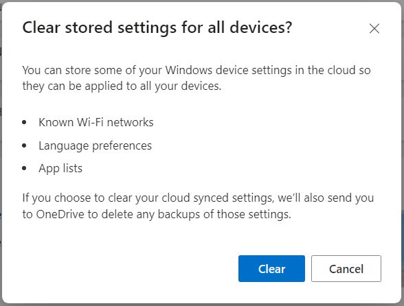 microsoft account clear stored settings confirmation