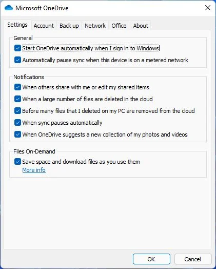 microsoft onedrive settings tab